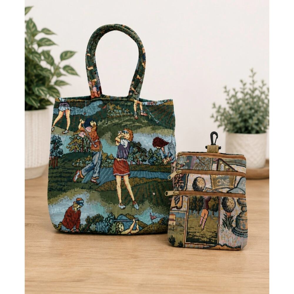 Golf Tapestry Tote Bag & Matching 3-Zip Pouch Set Embroidered Golfer Scene Gift